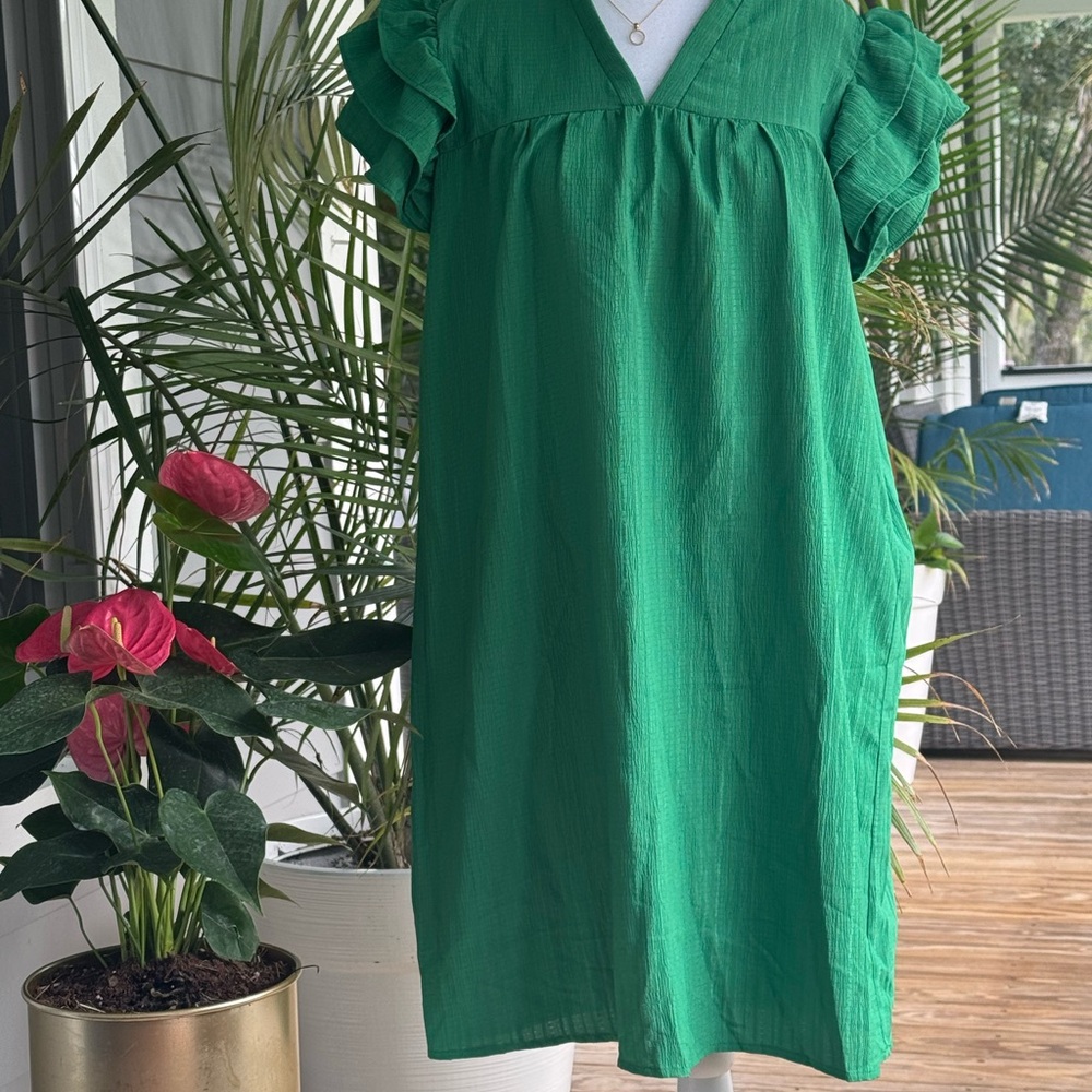 SHEIN Green Ruffle Sleeve Dress